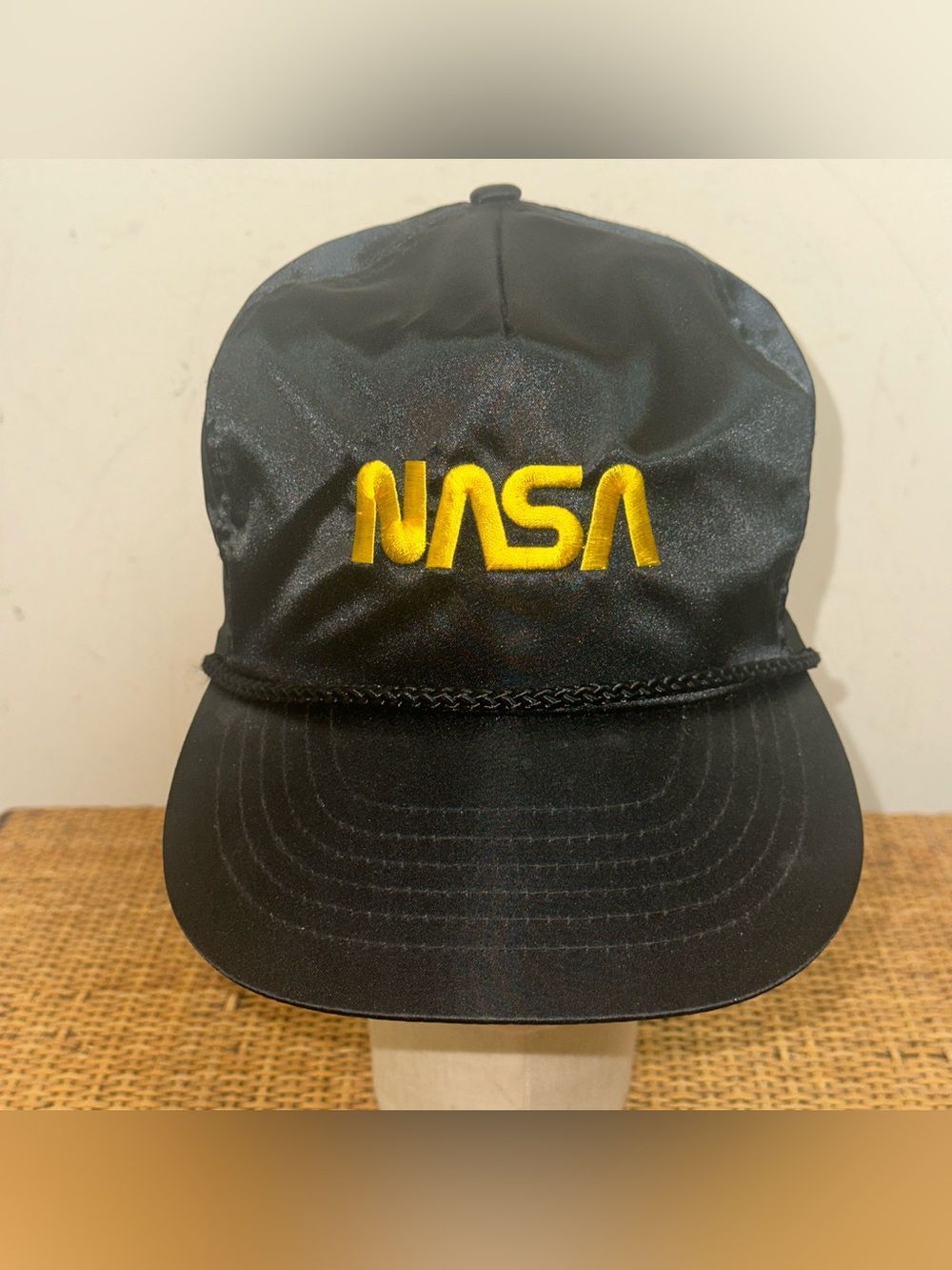 VTG 1980s NASA Rope Snapback Hat Black Satin Nylon Fabric Gold Embroidered Logo